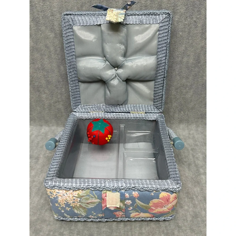 Vintage‎ Floral Sewing Basket Blue Pink Rose Craft Organizer with Tray Handle